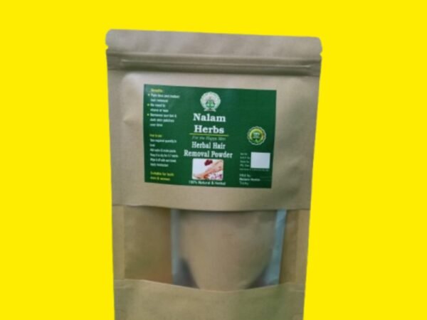 “Nalam Herbs Herbal Hair Removal Powder for gentle, chemical-free removal of unwanted hair and smooth, bright skin.”