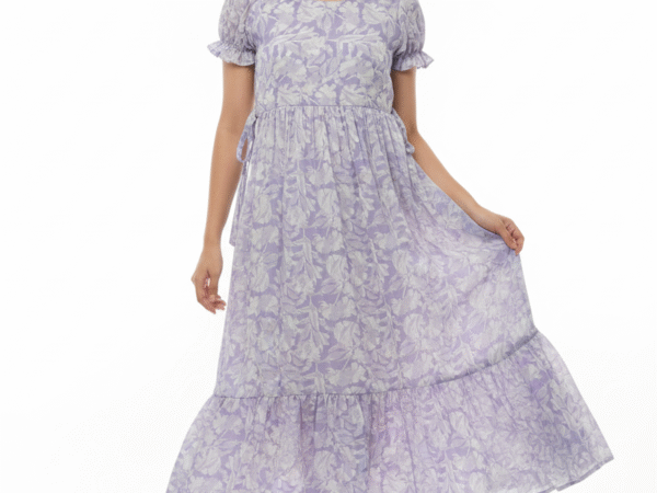 Gown Chiffon Floral Print, Lavender and White, Puff Sleeve, Empire Waist, Ankle Length, Ruffle Hem, Casual Wear