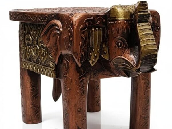 Handcrafted Wooden Elephant Stool with Copper Finish – Intricately Carved Traditional Side Table, 8x8x8 Inch Decorative Home Accent