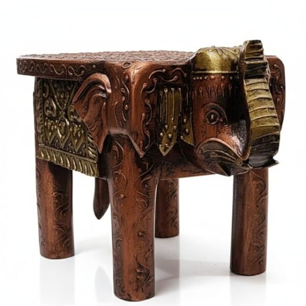 Handcrafted Wooden Elephant Stool with Copper Finish – Intricately Carved Traditional Side Table, 8x8x8 Inch Decorative Home Accent