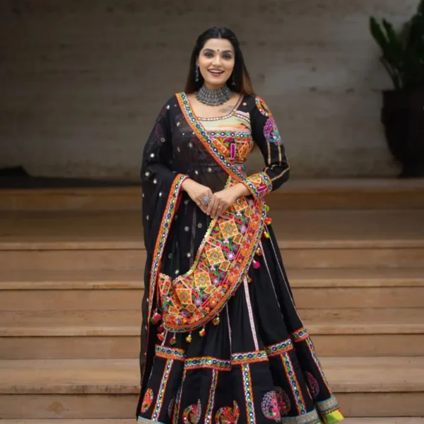 Multicolor-Black-Lehenga-Choli-With-Mirror-Work-And-Attached-Duppata-women | Lehenga and choli