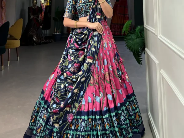 Pink-Tussar-Silk-Patola-Print-Trendy-Lehenga-Choli-For-Women