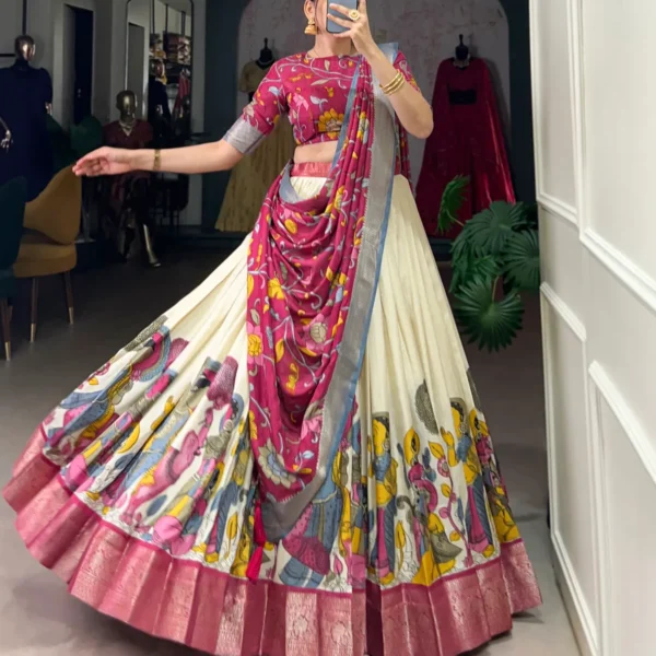 White-Color-Dola-Silk-Designer-Kalamkari-Print-Lehenga-Choli-For-women | Lehenga and choli