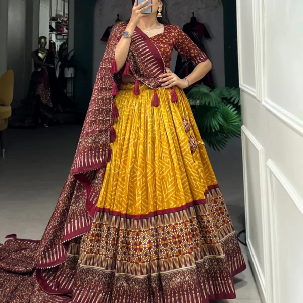 Yellow-Color-Tussar-Silk-Foil-Print-Lehenga-Choli-For-Women | Lehenga and choli