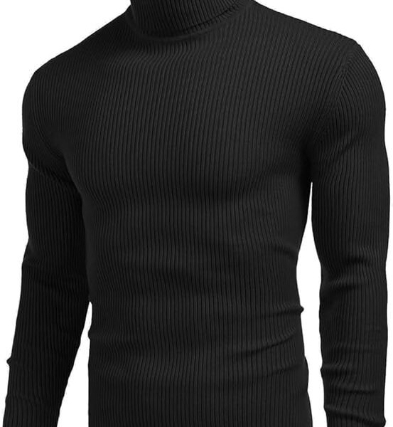 High Neck Ribbed Cotton T-Shirt for Men & Women – White and Black, Stretch Slim Fit, Full Sleeves, Soft Breathable Casual Wear - HN02 (in, Alpha, L, Black)