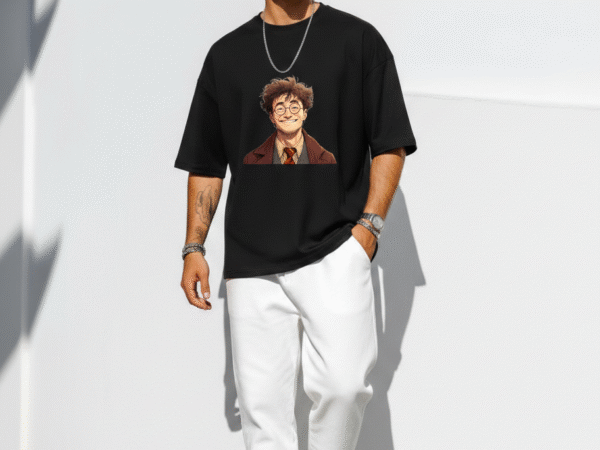 WÖLFIN Premium Black Oversized Graphic T-Shirt for Men | Classic Wizard Face Art Print | Korean Streetwear Style | 210 GSM Cotton