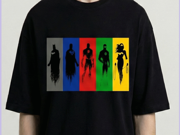 WÖLFIN Premium Black Oversized Superhero Graphic T-Shirt for Men & Women | DC Inspired Multicolor Panel Print | Streetwear Casual Wear | 210 GSM Cotton
