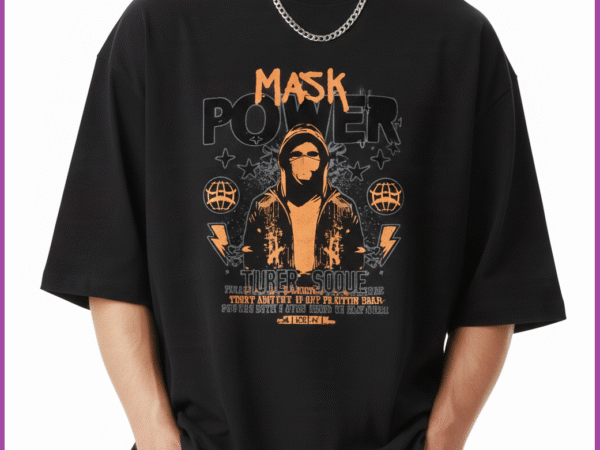 WÖLFIN Premium Black Oversized T-Shirt for Men | Mask Power Graphic Print | 210 GSM Bio-Wash Cotton Streetwear