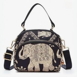 Traditional elephant motif crossbody bag for women in black.