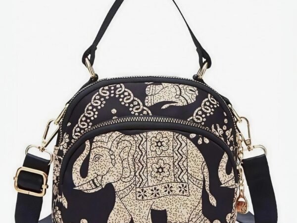 Traditional elephant motif crossbody bag for women in black.