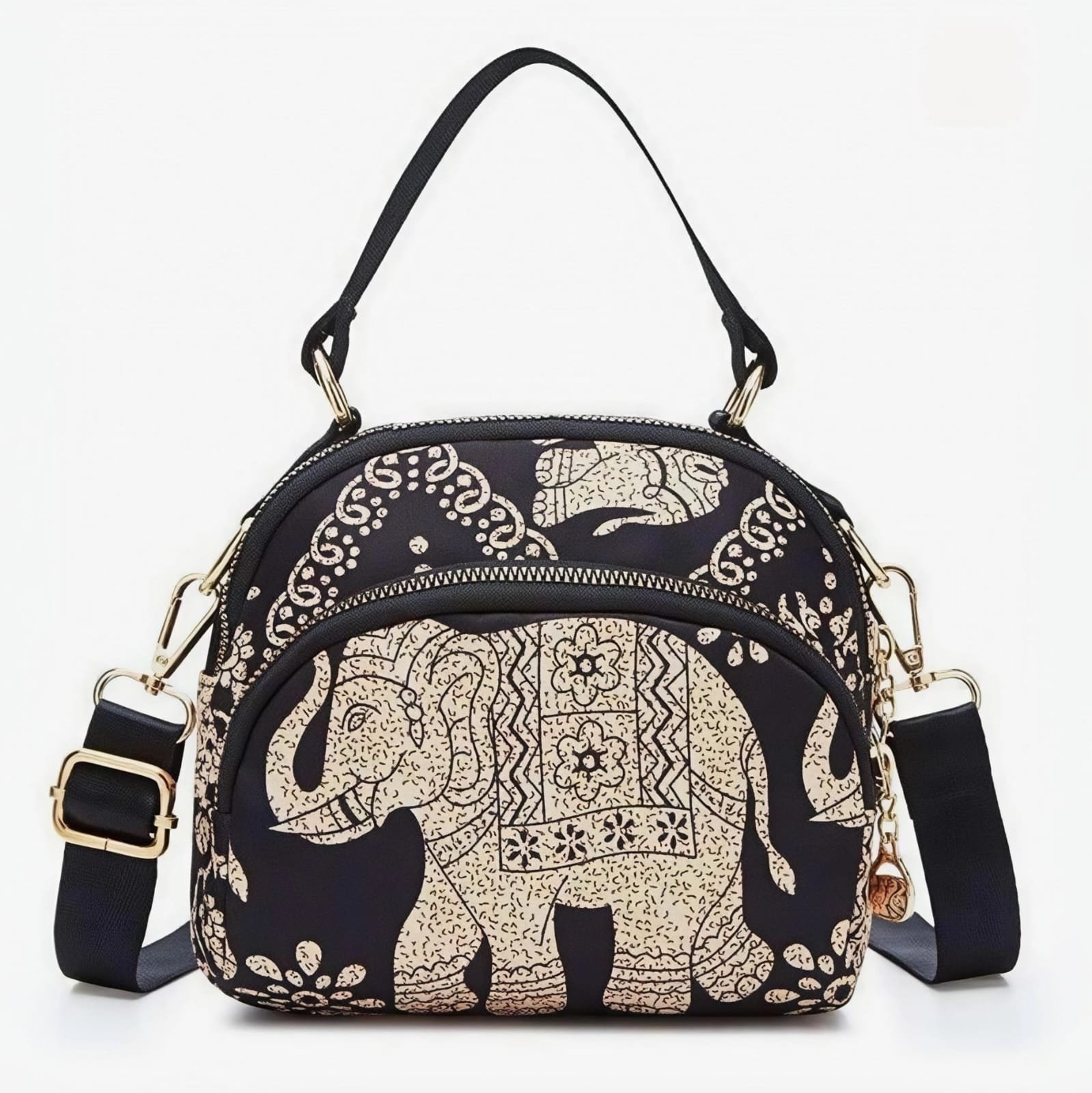 elephant print Traditional elephant motif crossbody bag for women in black.