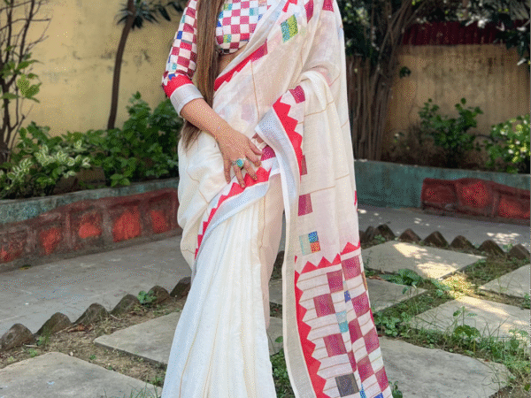 White Pure Cotton Linen Saree with Multicolor Checkered Design, Blouse, and Tassel Detailing | Crown Fashion