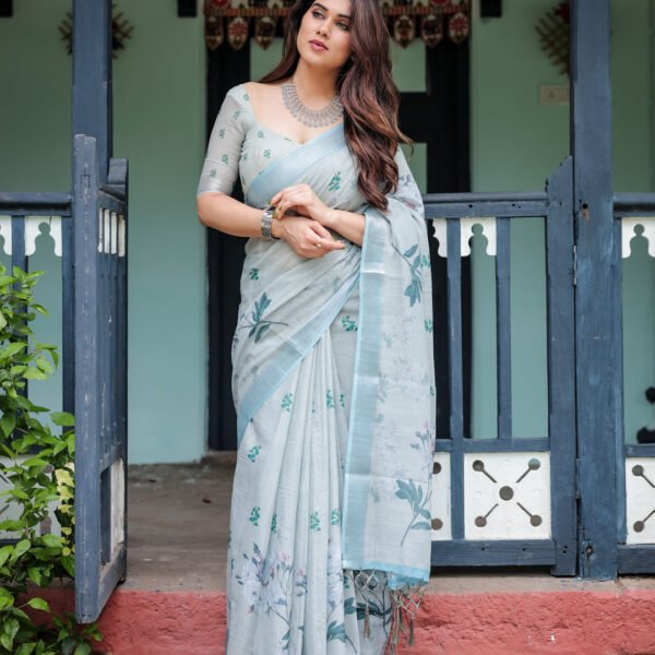 Pastel Grey Pure Cotton Linen Saree with Floral Print, Blouse, and Tassel Detailing | Crown Fashion