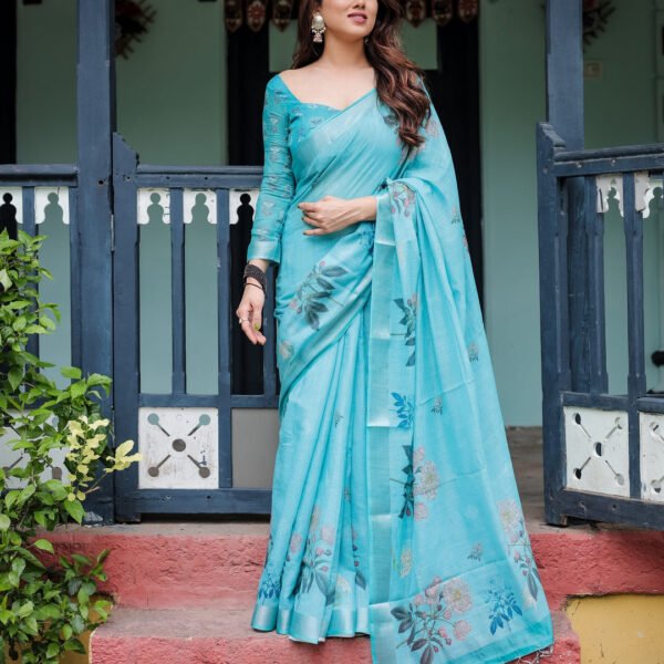 Aqua Blue Pure Cotton Linen Saree with Floral Design, Blouse, and Tassel Detailing | Crown fashion
