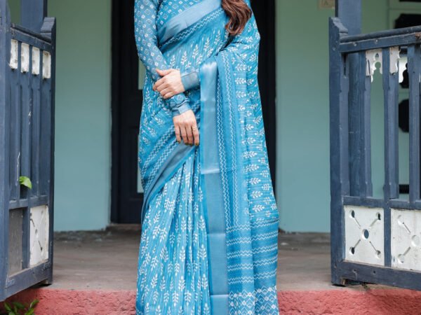 Turquoise Pure Cotton Linen Saree with White Floral Design, Blouse, and Tassel Edges | Crown Fashion