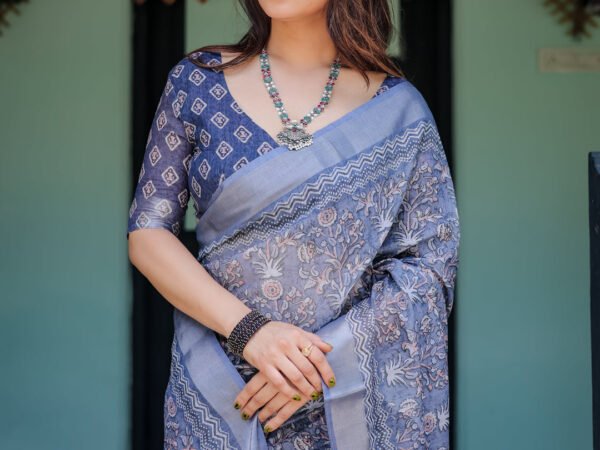 Steel Blue Pure Cotton Linen Saree with Floral and Geometric Block Print, Blouse, and Tassel Detailing | Crown Fashion