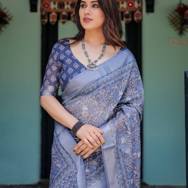 Steel Blue Pure Cotton Linen Saree with Floral and Geometric Block Print, Blouse, and Tassel Detailing | Crown Fashion