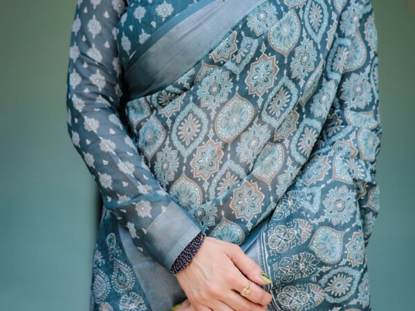 Teal Blue Pure Cotton Linen Saree with Geometric Block Print, Blouse, and Tassel Detailing | Crown Fashion