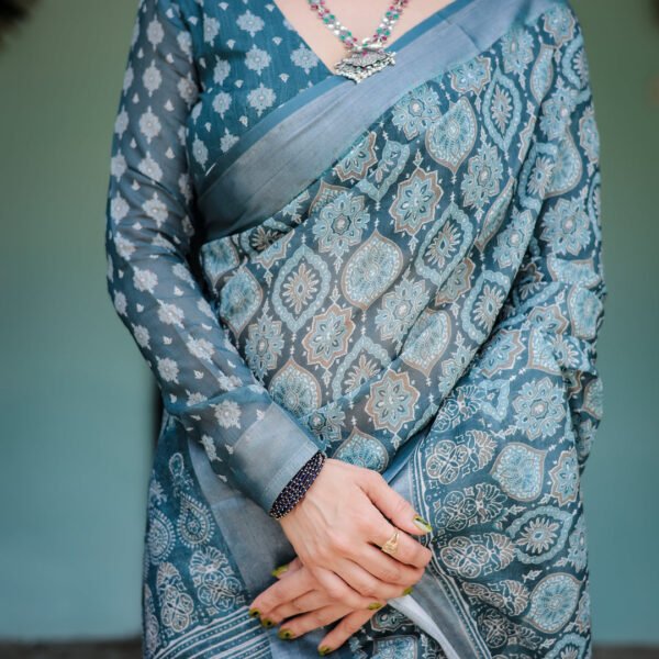 Teal Blue Pure Cotton Linen Saree with Geometric Block Print, Blouse, and Tassel Detailing | Crown Fashion