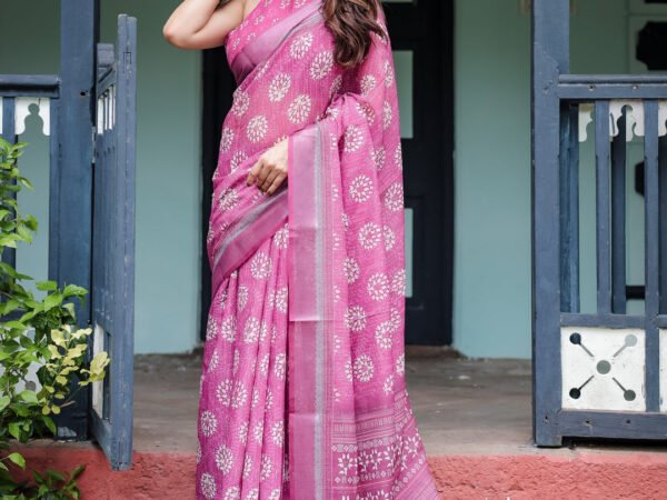 Magenta Pure Cotton Linen Saree with White Floral Block Print, Blouse, and Tassel Detailing | Crown Fashion