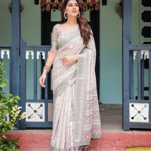 Soft Grey Pure Cotton Linen Saree with Pink and White Ikat Design, Blouse, and Tassel Detailing | Crown Fashion