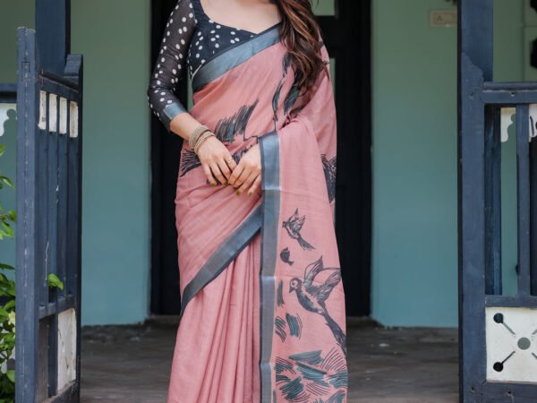 Blush Pink Pure Cotton Linen Saree with Contrast Polka Dot Blouse and Tassel Detailing | Crown fashion