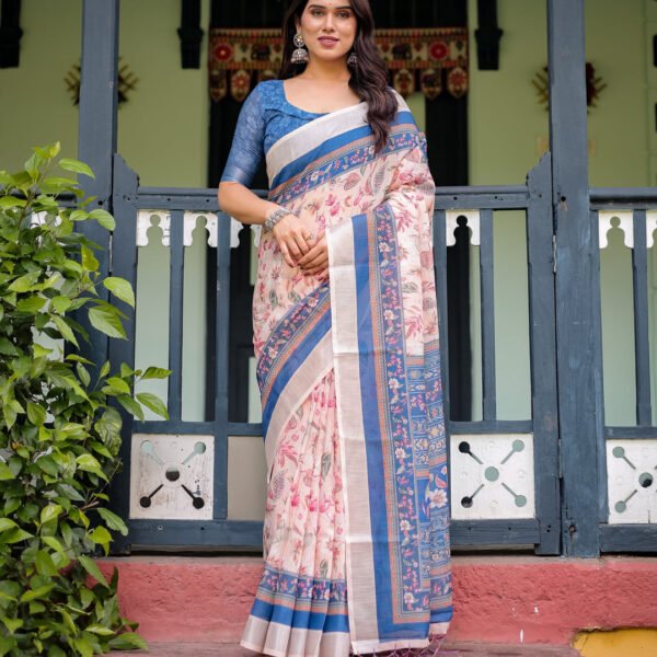 Pure Cotton Linen Saree with Blue Floral Border and Pink Leaf Design with Tassels on Edges | Crown Fashion