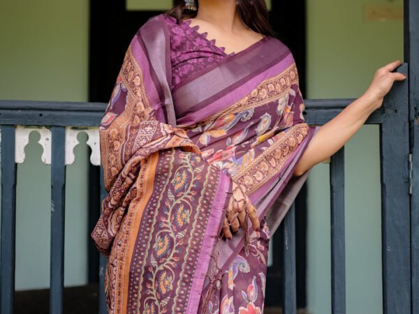 Purple Floral Printed Pure Cotton Linen Saree with Blouse and Tassels | Crown Fashion