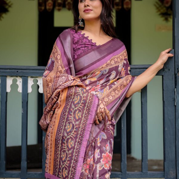 Purple Floral Printed Pure Cotton Linen Saree with Blouse and Tassels | Crown Fashion