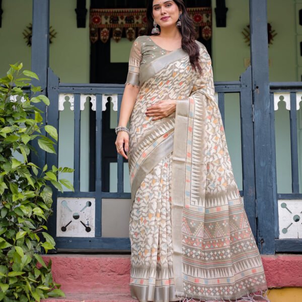 Beige Pure Cotton Linen Saree with Geometric and Leaf Pattern, Blouse, and Tassels | Crown Fashion