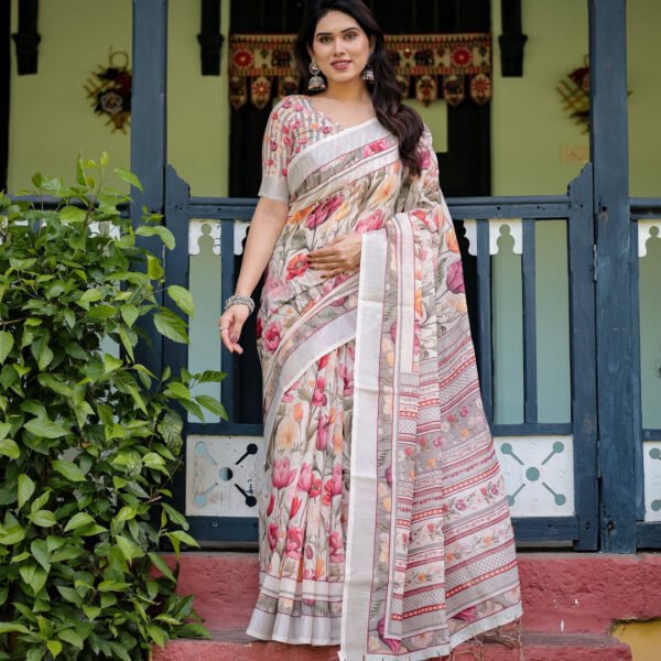 Elegant Floral Print Pure Cotton Linen Saree in Ivory with Multi-Color Florals and Tassels | Crown Fashion