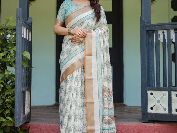 Beige With Aqua Pure Cotton Linen Saree with Geometric Floral Design and Tassels on Edges | Crown Fashion