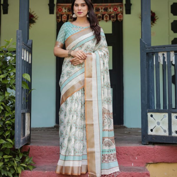 Beige With Aqua Pure Cotton Linen Saree with Geometric Floral Design and Tassels on Edges | Crown Fashion