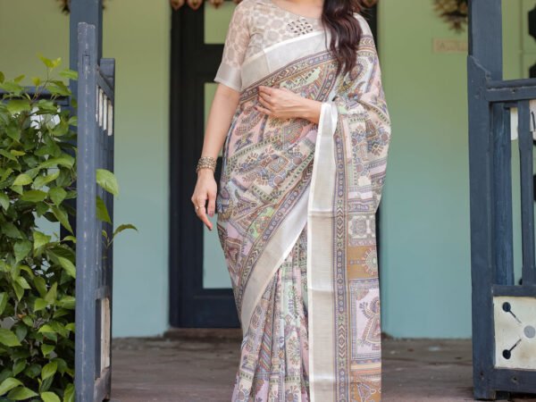 Cream and Pastel Multicolour Printed Pure Cotton Linen Saree with Blouse and Tassels on Edges | Crown Fashion