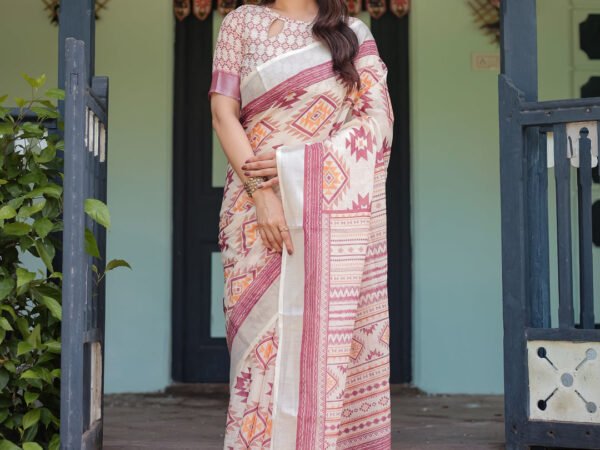 Cream and Maroon Geometric Printed Pure Cotton Linen Saree with Blouse and Tassels | Crown Fashion
