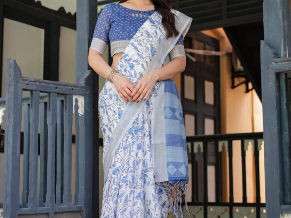 Blue and White Floral Pure Cotton Linen Saree with Blouse and Tassels | Crown Fashion