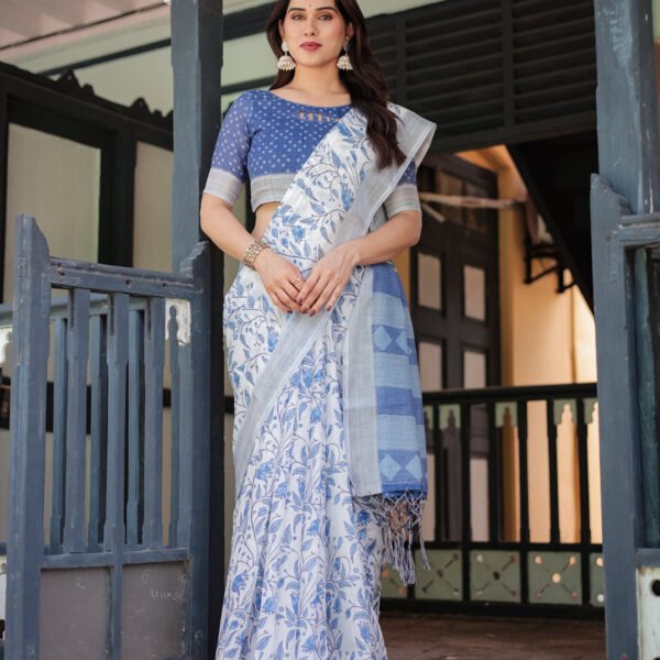 Blue and White Floral Pure Cotton Linen Saree with Blouse and Tassels | Crown Fashion