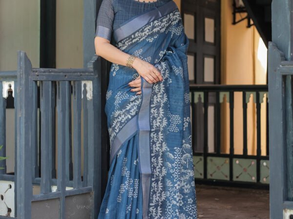 Indigo Blue Pure Cotton Linen Saree with White Floral Pattern, Blouse & Tassel Details | Crown Fashion