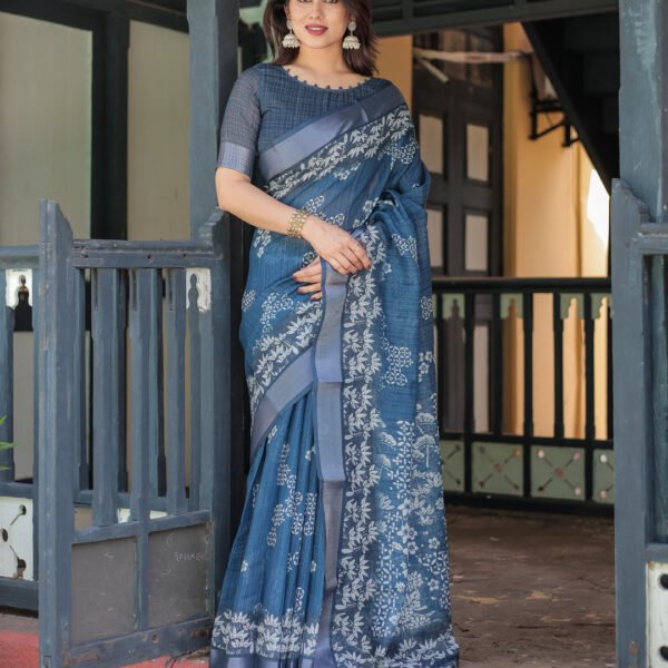 Indigo Blue Pure Cotton Linen Saree with White Floral Pattern, Blouse & Tassel Details | Crown Fashion