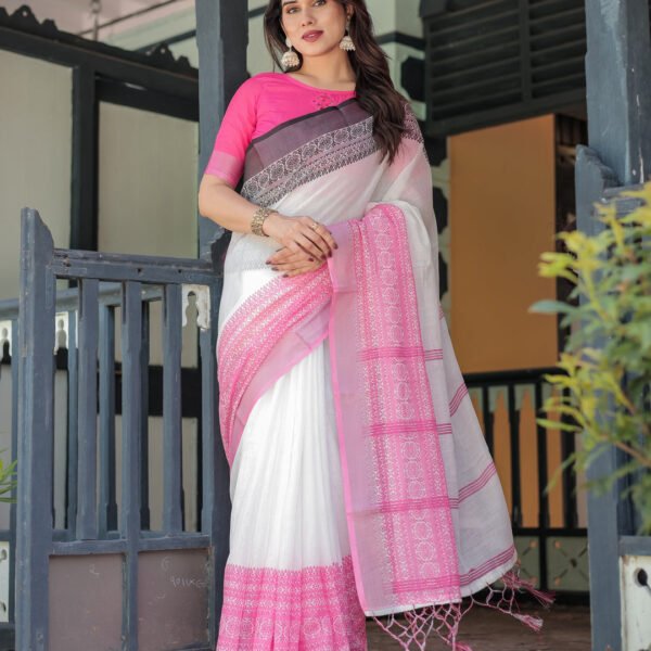 Elegant White and Pink Pure Cotton Linen Saree with Intricate Floral and Geometric Border Design and Tassels on Edges | Crown fashion