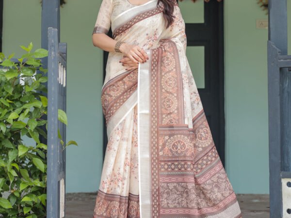 Cream and Brown Floral Print Pure Cotton Linen Saree with Blouse and Tassels on Edges | Crown Fashsion