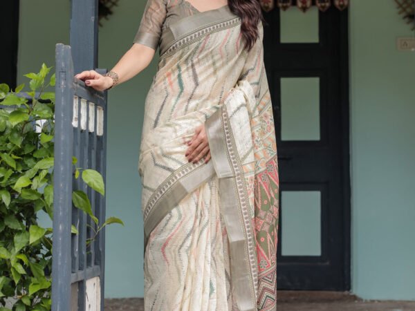 Cream and Olive Green Pure Cotton Linen Saree with Floral and Geometric Print and Tassels on Edges | Crown Fashion