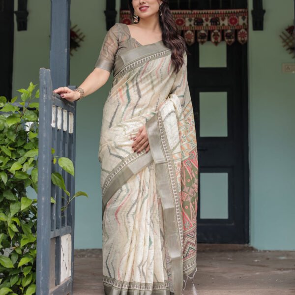 Cream and Olive Green Pure Cotton Linen Saree with Floral and Geometric Print and Tassels on Edges | Crown Fashion