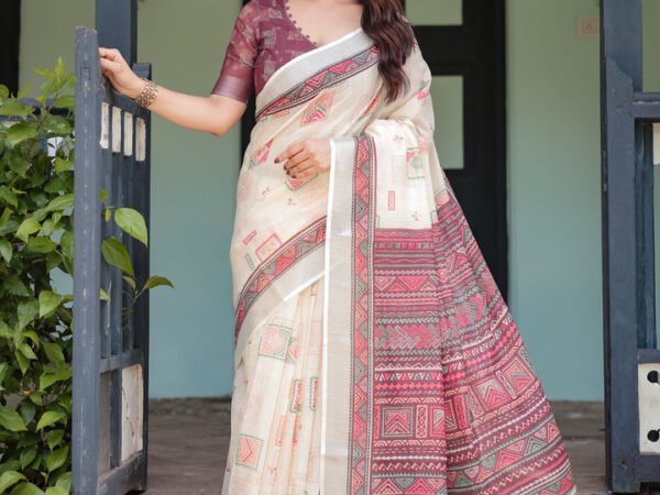 Off-white Pure Cotton Linen Saree with Intricate Geometric Pattern and Tassels on Edges | Crown Fashion