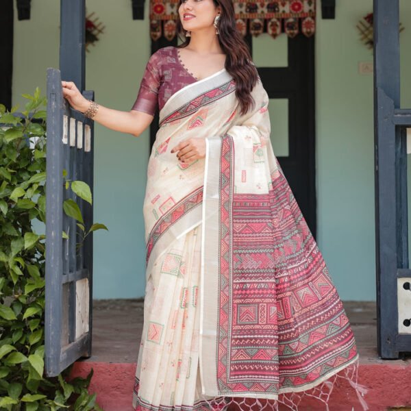 Off-white Pure Cotton Linen Saree with Intricate Geometric Pattern and Tassels on Edges | Crown Fashion