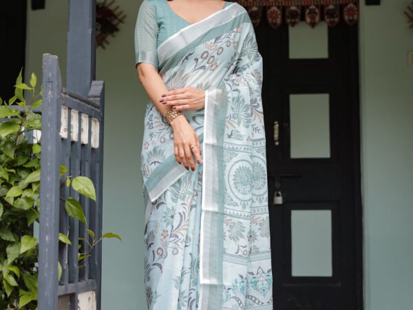 Mint Green Floral Pure Cotton Linen Saree with Blouse and Tassels | Crown Fashion
