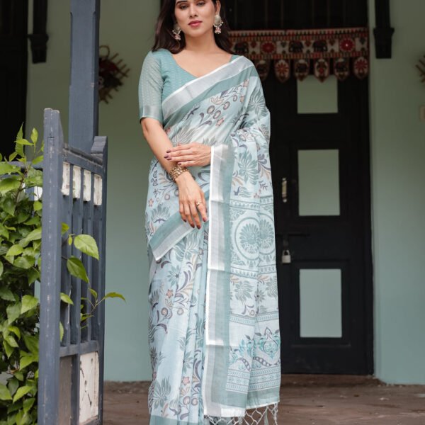 Mint Green Floral Pure Cotton Linen Saree with Blouse and Tassels | Crown Fashion
