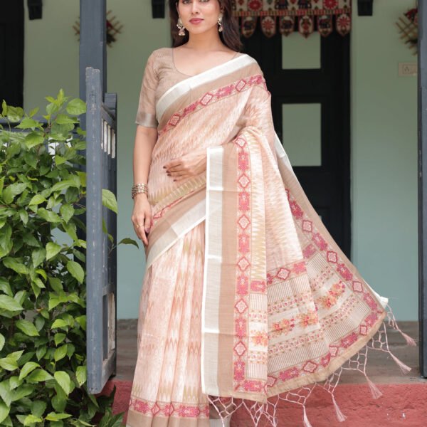 Beige and Pink Floral Printed Pure Cotton Linen Saree with Blouse and Tassels on Edges | Crown Fashion