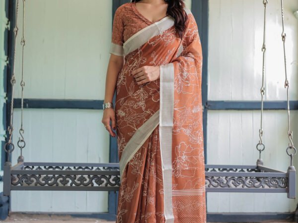 Terracotta Brown Floral Handprinted Pure Cotton Linen Saree with Tassels | Crown Fashion