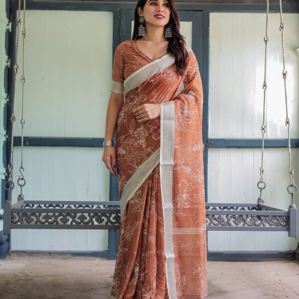 Terracotta Brown Floral Handprinted Pure Cotton Linen Saree with Tassels | Crown Fashion